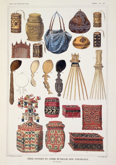 Domestic goods from Timor, from Verhandelingen over de Natuurlijke Geschiedenis der Nederlandsche overzeesche Bezittingen, Volume I, by Coenraad Jacob Temminck, engraved by J.M. Kierdorff, published 1838 by T.C. Bruining